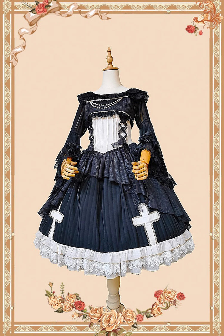 Black Eternal Life Song Print Cross Embroidery Sleeveless Ruffle Gothic Lolita Dress