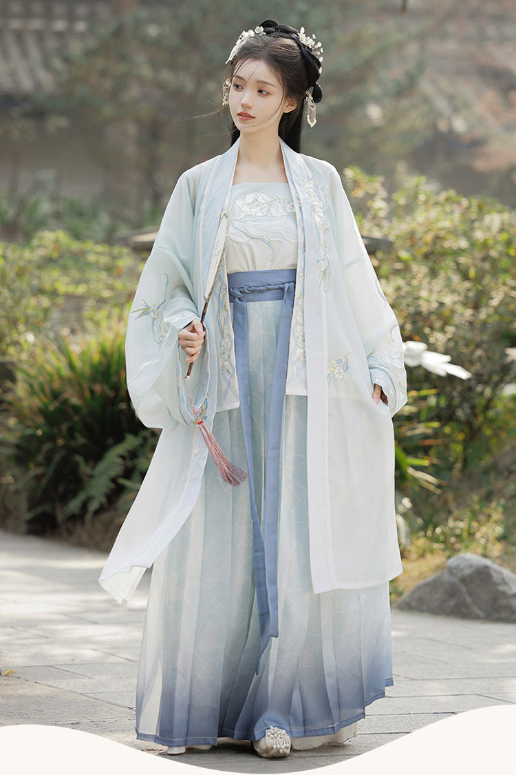 Ensemble de robe Hanfu classique brodée pour femmes, blanc/bleu, nuages de bon augure, manches longues, taille haute, ombré