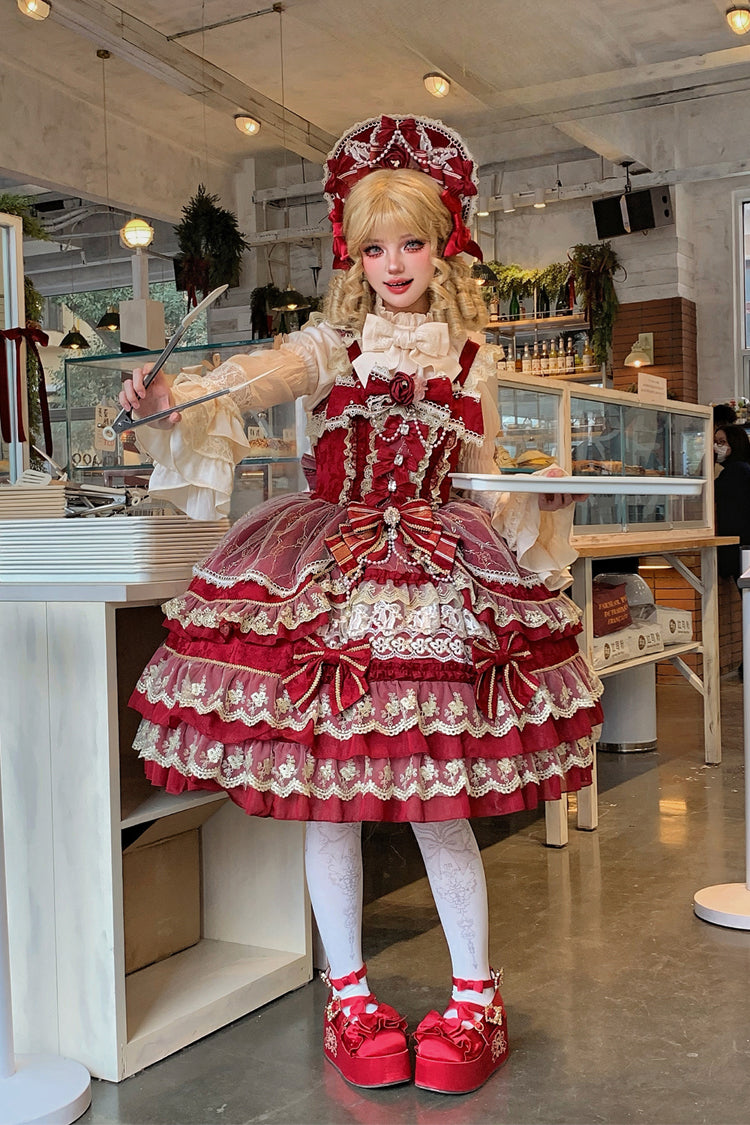 Red [Crown of Gems] Triple-Layered Ruffle Bowknot Lace Sweet Gorgeous Lolita Jsk Dress