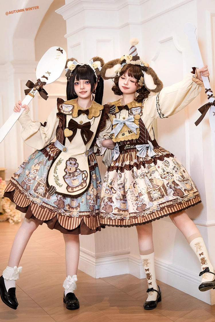[Bear Cookie] Long Sleeves Print Bowknot Sweet Lolita Dress Set 2 Colors