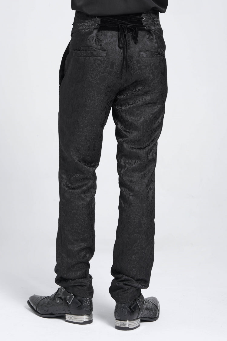 Pantalon de costume gothique pour homme à broderie taille haute avec doubles boucles noires 