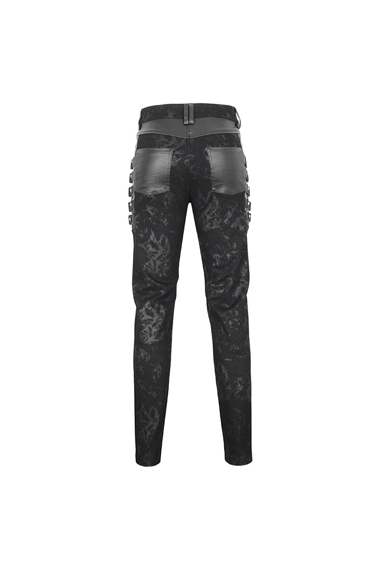 Black Multi Buckle Distressed  Print Men's Punk Pants