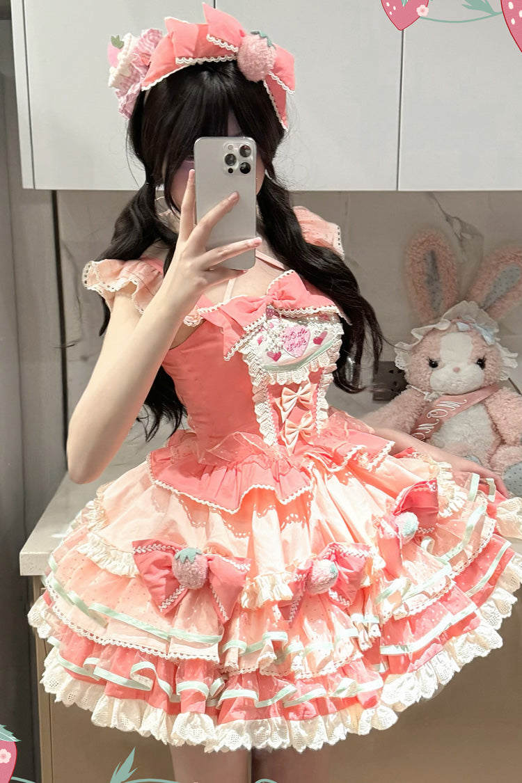 Pink Multi-Layered [Cream Strawberries] Print Ruffle Bowknot Sweet Lolita Tiered Dress