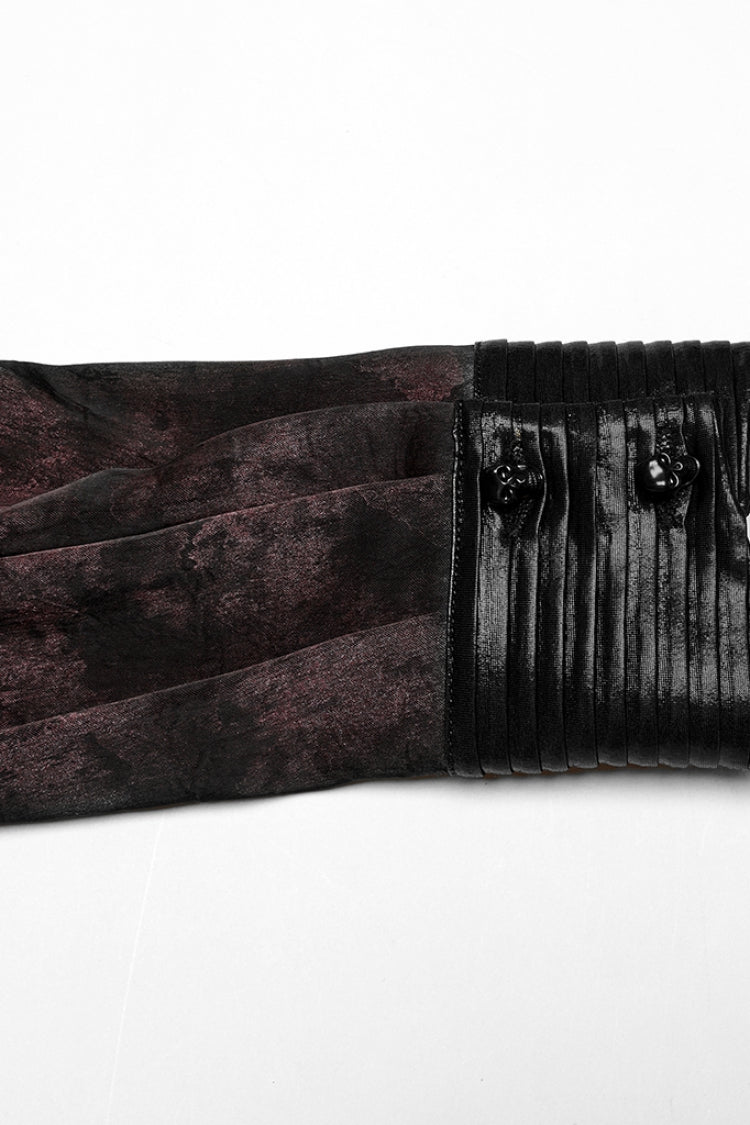 Schwarz/Rot Stehkragen Langarm Rüschen Falten Herren Gothic Bluse 