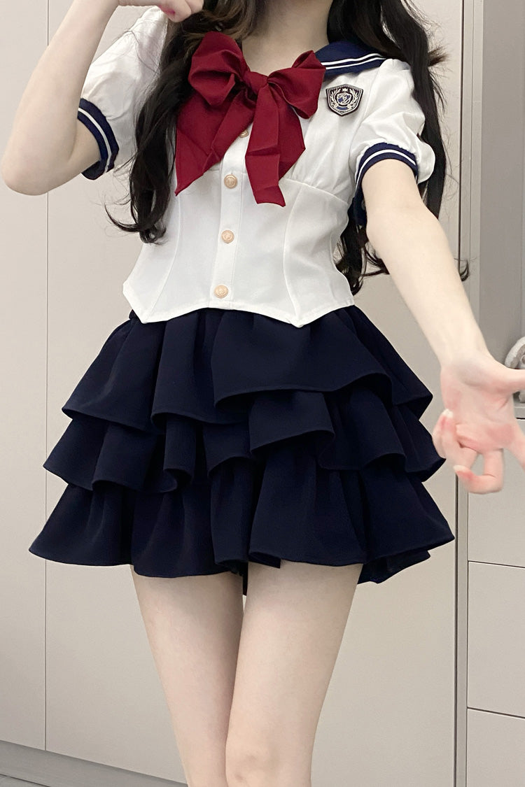 Short Sleeves Multi-layer Ruffle Bowknot Sweet College Style Japanese School Skirt Set 4 Colors