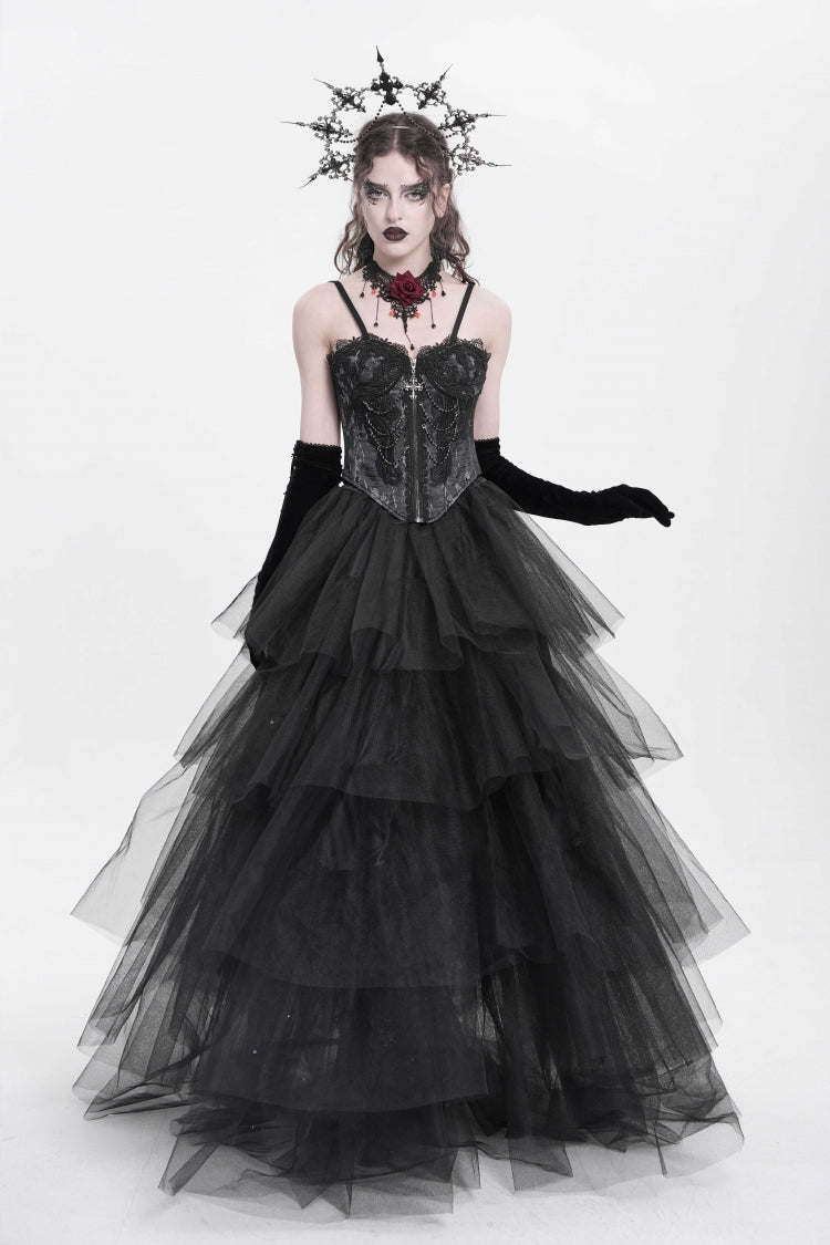 Black Sleeveless Embroidery Lace Chain Women's Gothic Vest