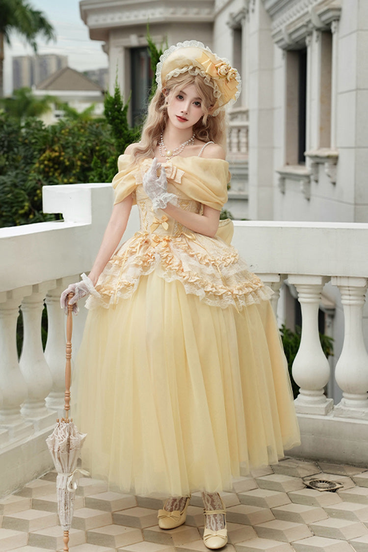 Yellow [Sissi's Pilgrimage] Off Shoulder Ruffle Bowknot Lace Sweet Lolita Skirt (Long Version)