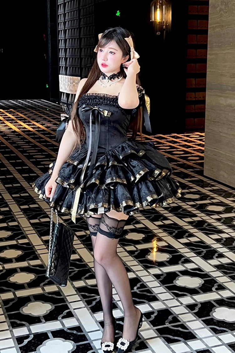 Black [Princess Ribbon] Off Shoulder Triple-Layered Ruffle Bowknot Sweet Lolita Dress