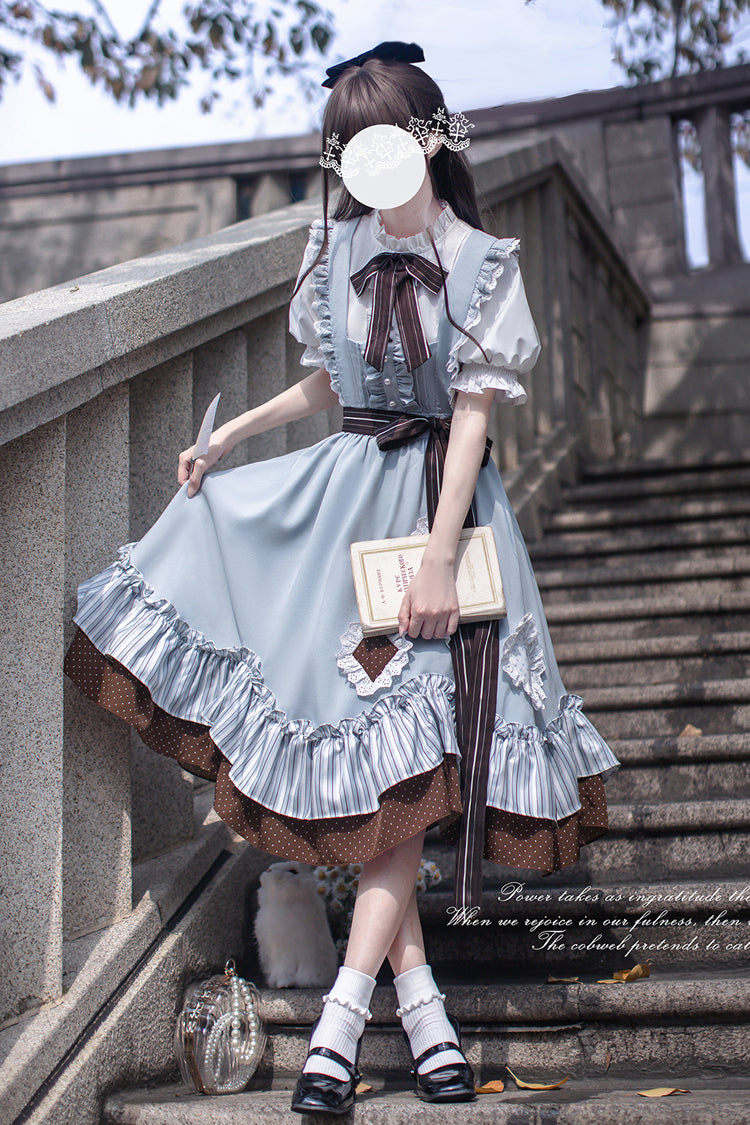 Blue [Magic Vocal Club] Sleeveless Print Ruffle Bowknot Sweet Alice College Style Elegant Lolita Jumper Dress