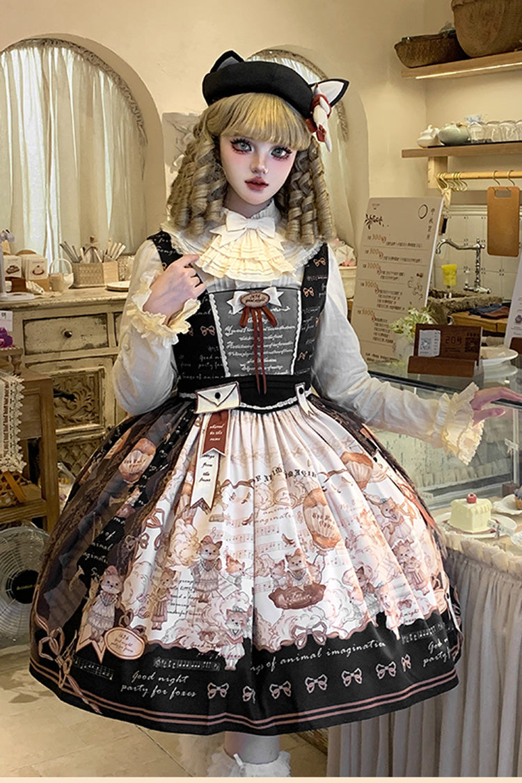 Black [Fox Band] Print Square Collar Bowknot Classic Lolita Jumper Dress