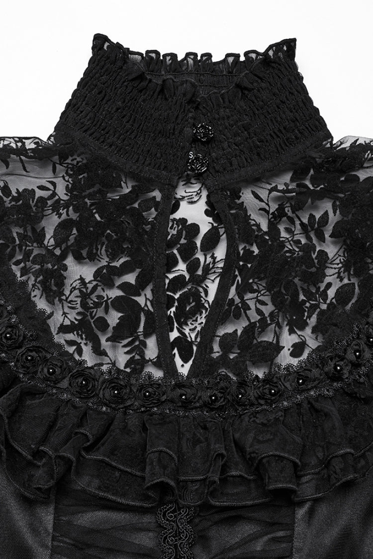 Black Stand Collar Hollow Embroidery Flocking Mesh Women's Gothic Formal Dress