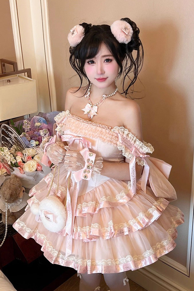 Pink [Princess Ribbon] Off Shoulder Triple-Layered Ruffle Bowknot Sweet Lolita Dress