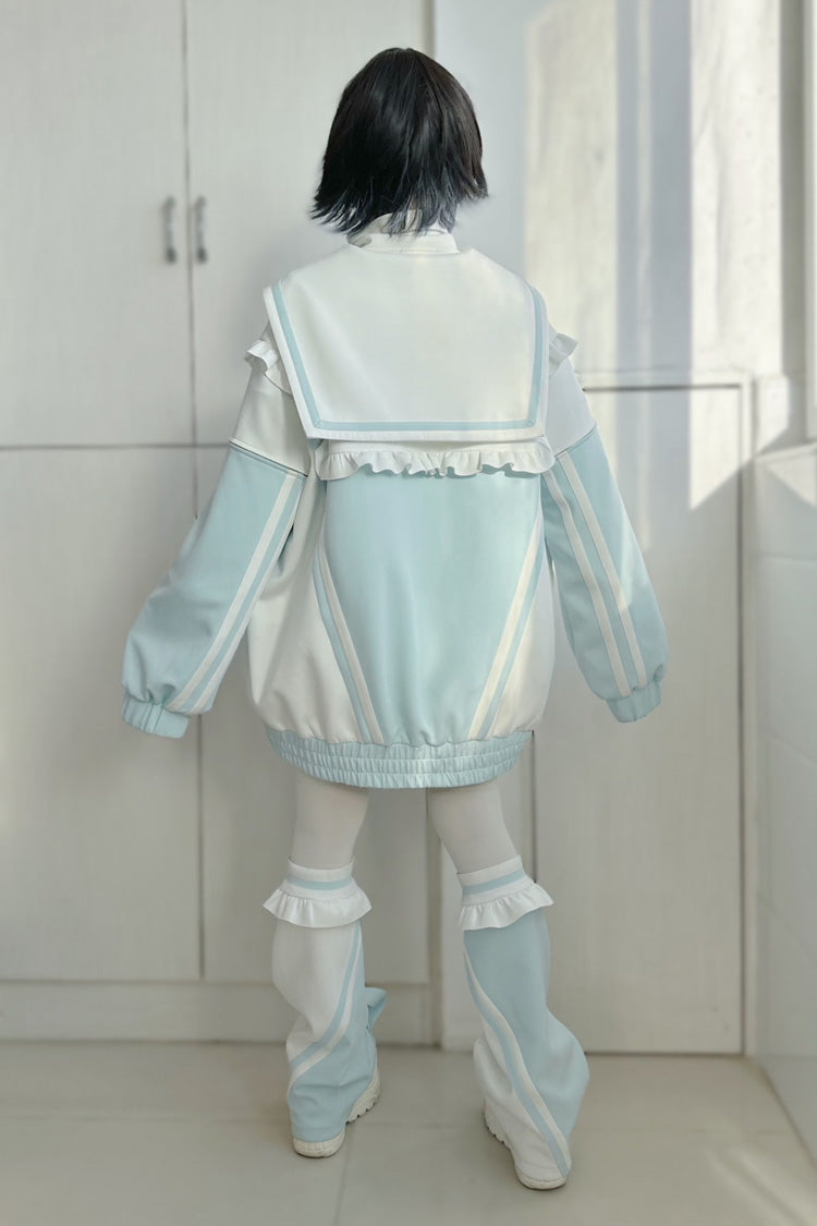 Jirai Kei Long Sleeves Ruffle Color Matching Zipper Coat 3 Colors