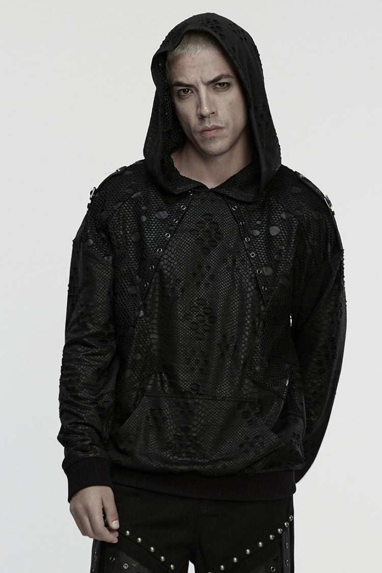 ブラック長袖フード付きリップドアイレットメンズパンクコート