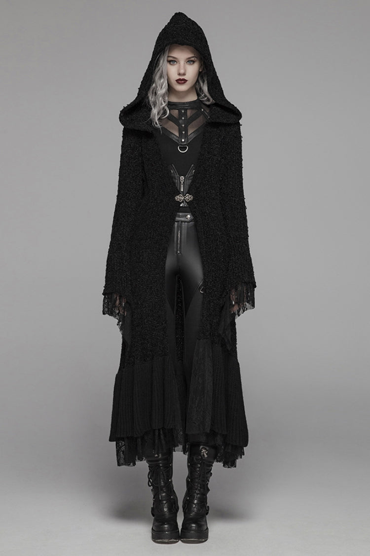 Black Long Sleeves Multi-layer Lace Hooded Women's Gothic Long Coat
