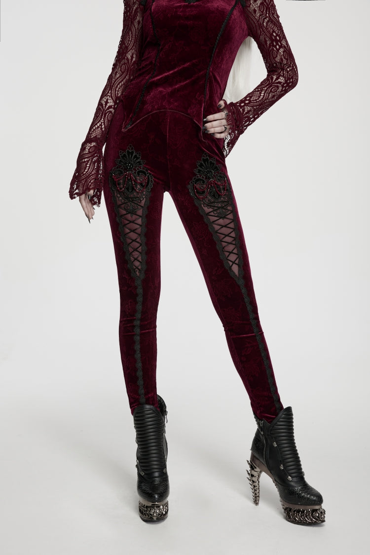 Red Jacquard Embroidered Patchwork Slim Fit Women's Gothic Velvet Leggings