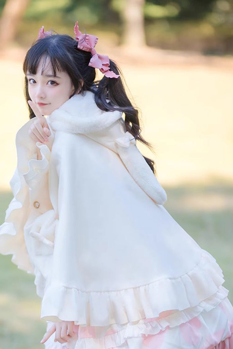 White Plush Bunny Ears Bowknot Buttons Princess Sweet Lolita Cloak Coat
