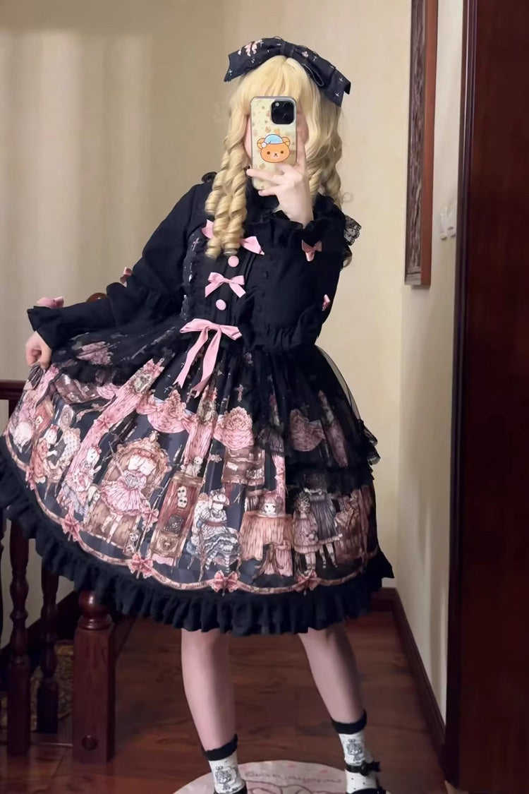 Black [The Case of the Missing Lamb] Print Ruffle Bowknot Lace Gothic Lolita Jsk Dress