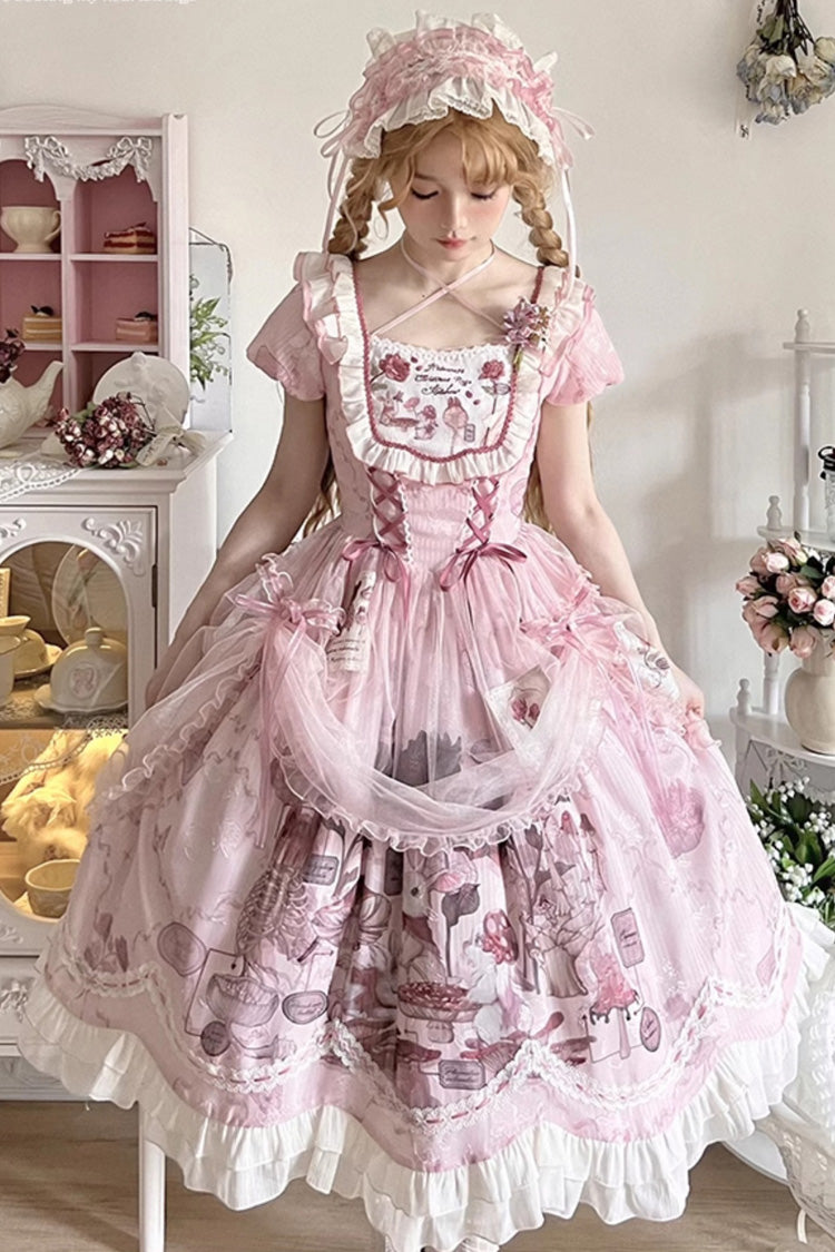 Süßes Lolita-Kleid mit rosa Kaninchen-Print, quadratischem Kragen, kurzen Ärmeln, Rüschen, Schleife und Spitze