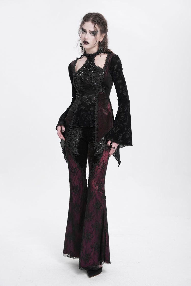 Red Long Trumpet Sleeves Jacquard Cutout Women's Gothic Blouse