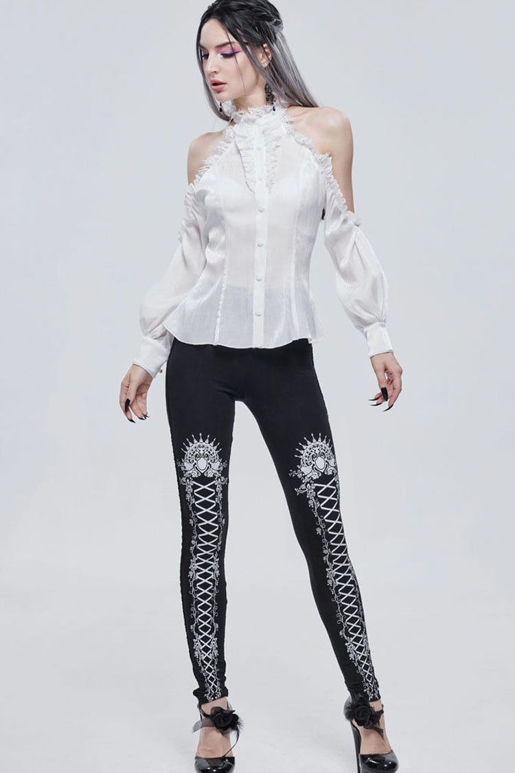White Gothic Off-The-Shoulder Halter Lace Ruffled Lantern Sleeves Women's Shirt