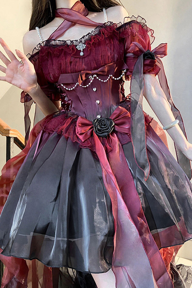 Wine Red Midsummer Dream Short Sleeves Ruffle Hanayome Off-The-Shoulder Gothic Short Lolita Dress