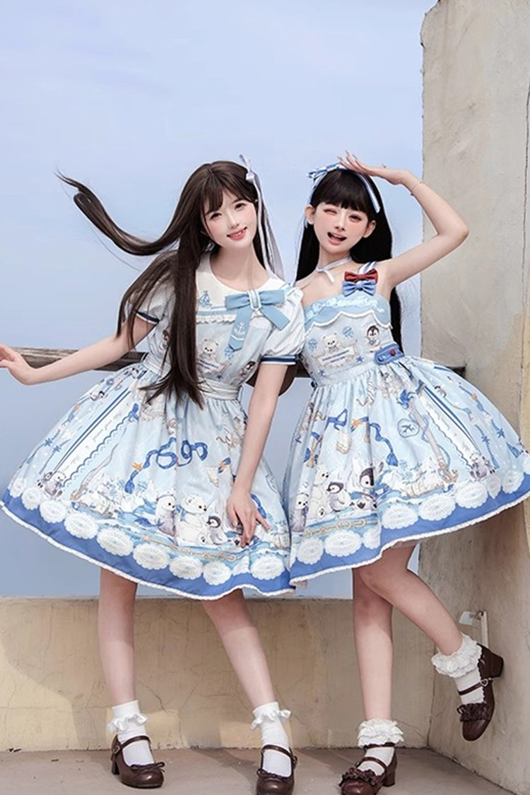 Blue [Penguin Navy] Short Sleeves Print Ruffle Bowknot Sweet Princess Lolita Dress