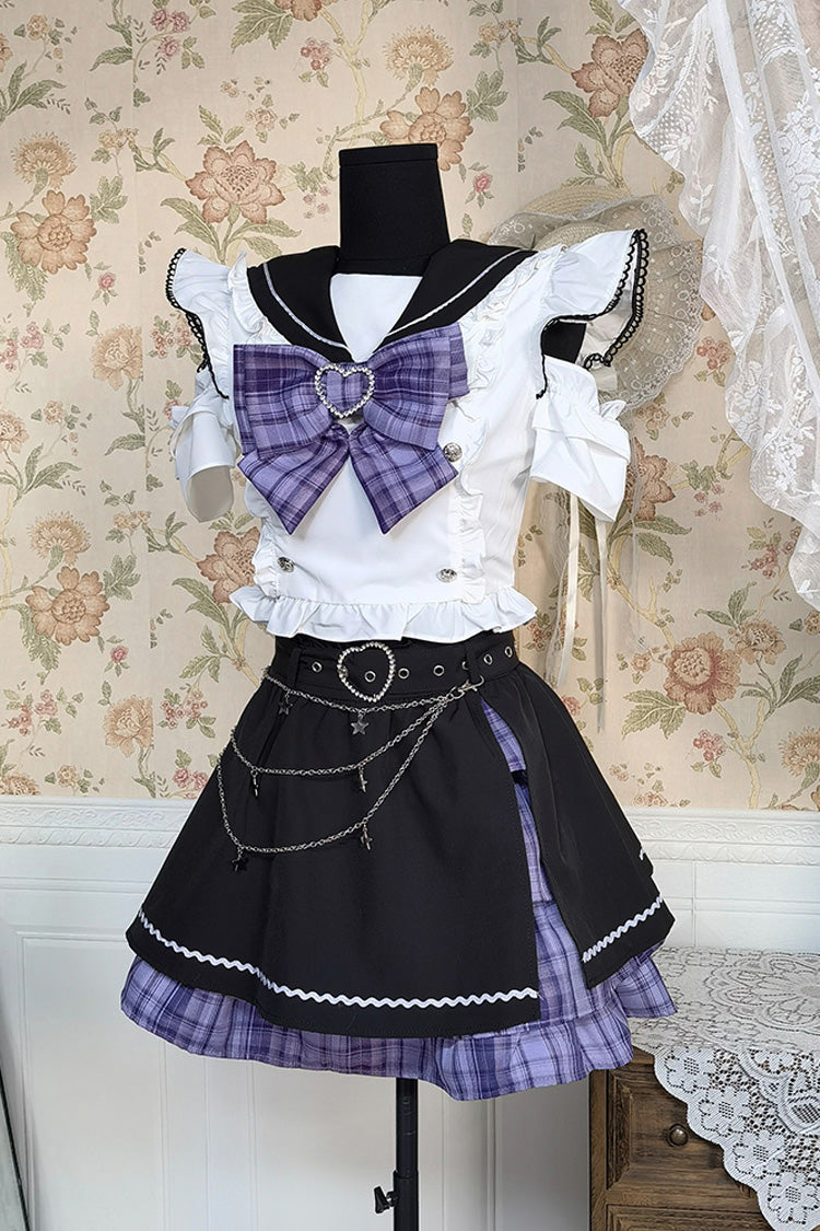 Black/White Short Sleeves Print Bowknot Sweet Jirai Kei Skirt Set