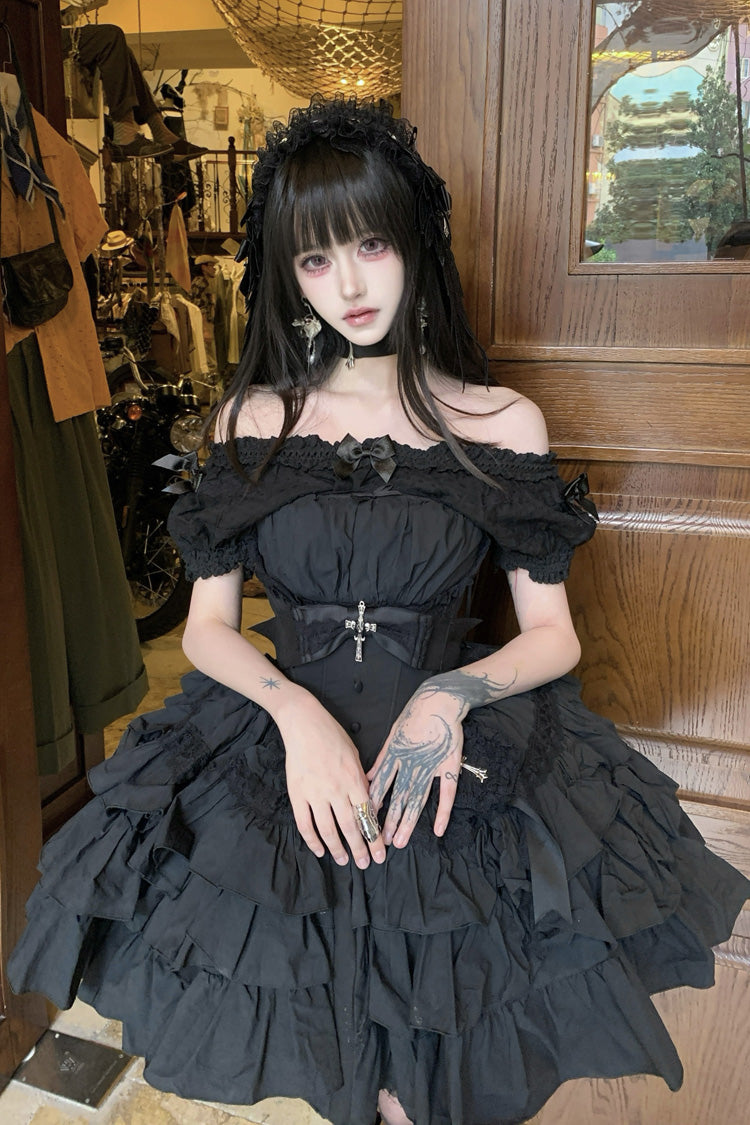 Black Sleeveless Triple-Layered Ruffle Bowknot Lace Gothic Princess Lolita Dress