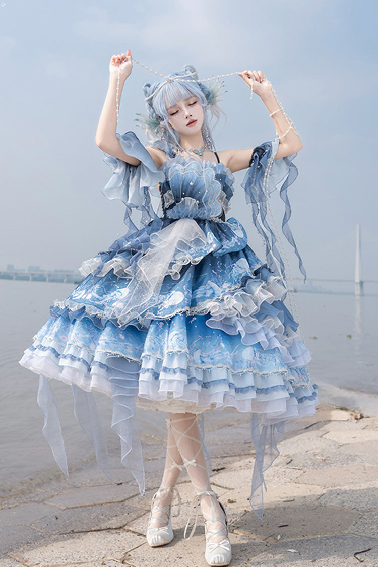 Blue [Jellyfish] Gradient Print Ruffle Embroidery Bowknot Lace Asymmetric Sweet Elegant Lolita Jsk Dress
