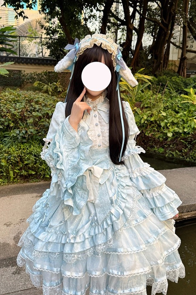 Blue [The Soloist Doll] Long Hime Sleeves Multi-Layered Print Ruffle Bowknot Asymmetric Sweet Lolita Dress