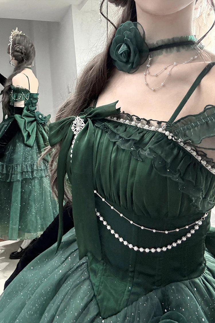 Green [Bright Stars] Off Shoulder Ruffle Bowknot Asymmetric Sweet Elegant Princess Lolita Dress