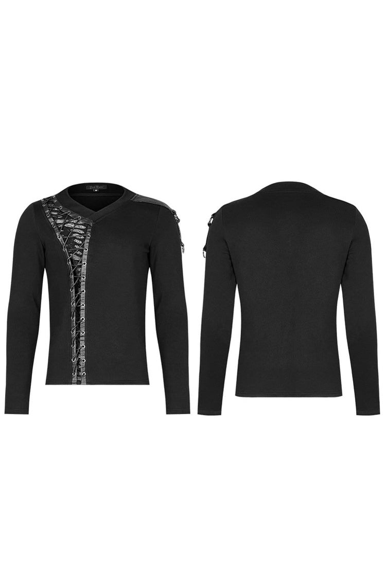 Black Long Sleeve Knit Front Splice Imitation Leather Lace Up Men's Punk T-Shirt