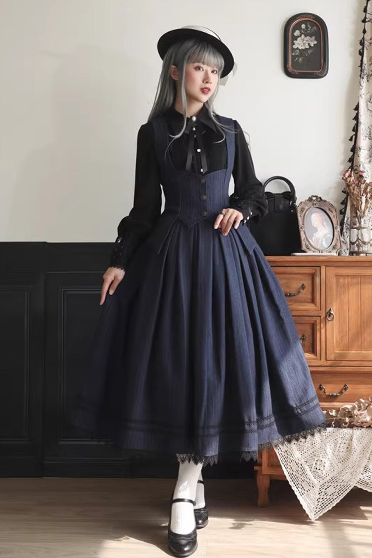 Blue [Griffin’s Pact] Striped Printed Ruffled Gothic Lolita Skirt Vest Set