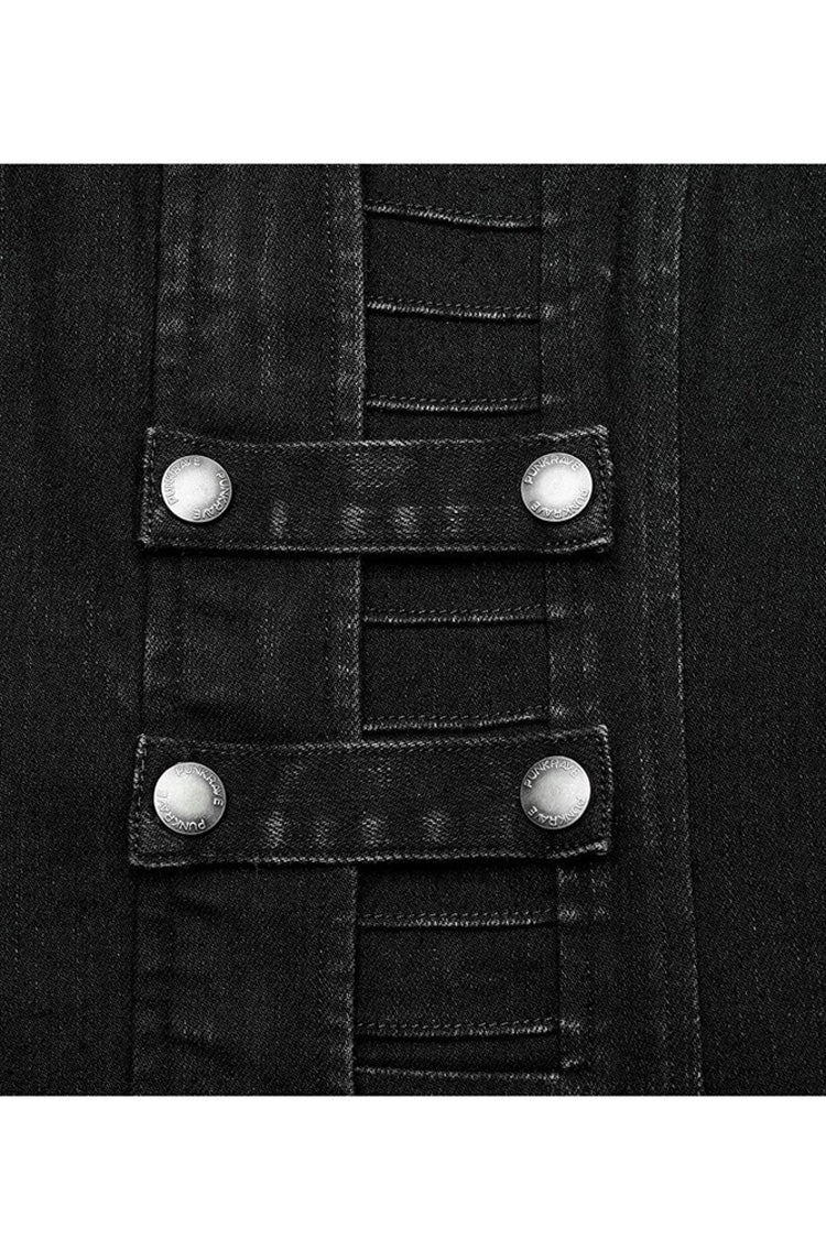 Black Denim Slant Pocket Washed Distressed Stretch Women's Punk Jacket