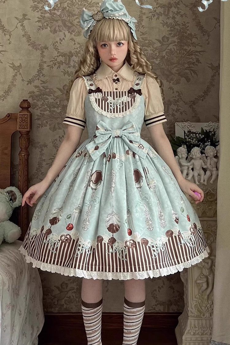 Blue/Green Sleeveless Print Bowknot Sweet Plus Size Lolita Jsk Dress