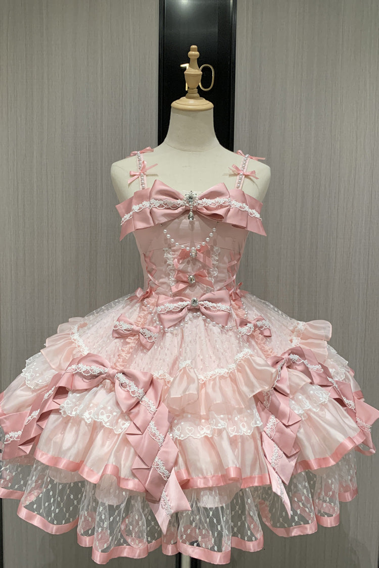 Pink [Gem Love] Sleeveless Triple-Layered Ruffle Bowknot Lace Sweet Ballet Lolita Jsk Dress