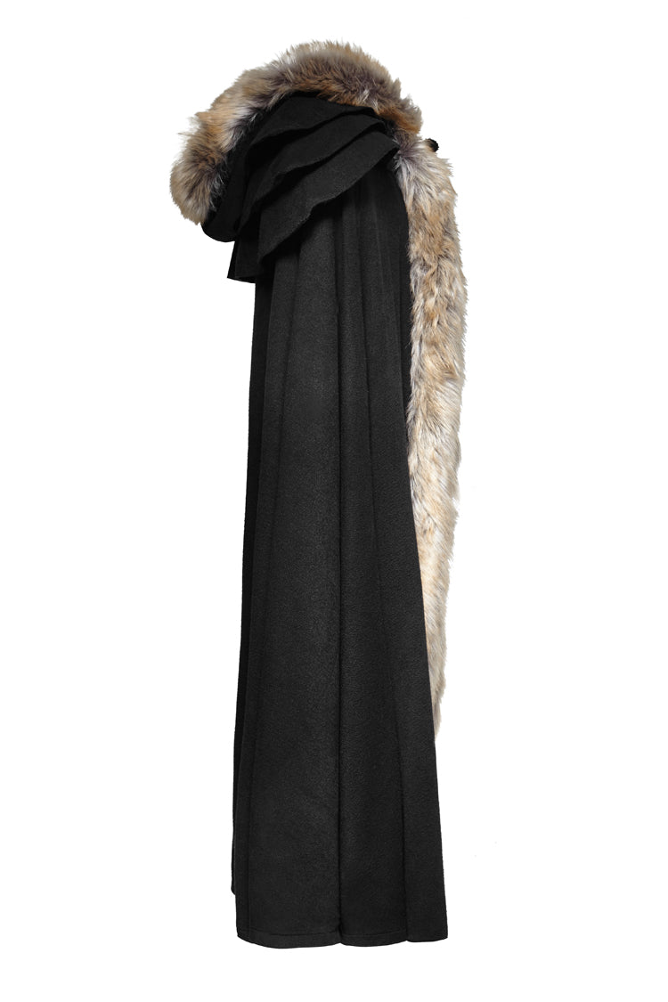 Black Hooded Fur Collar Wool Long Mens Gothic Coat Cloak
