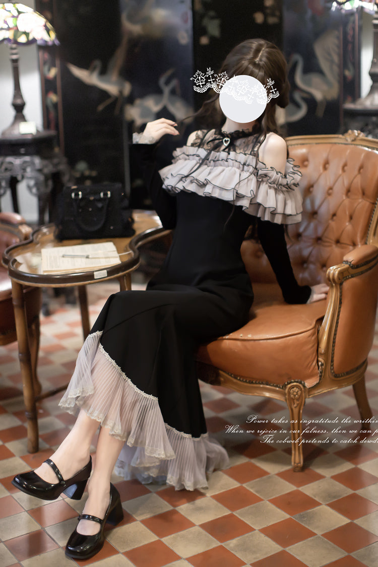 Black [Night Cherry Blossoms] Long Sleeves Ruffle Bowknot Daily Sweet Elegant Lolita Fishtail Dress