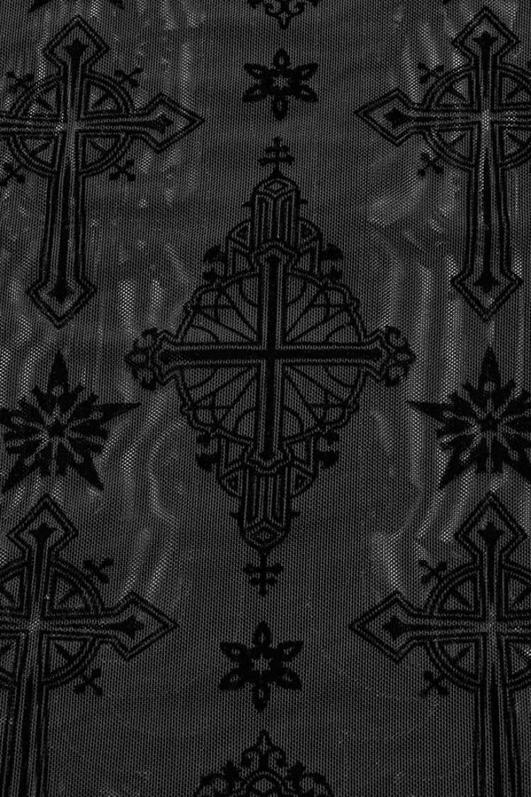 Black Stand Collar Long Sleeves Star Cross Embroidery Sheer Mesh Women's Gothic T-Shirt