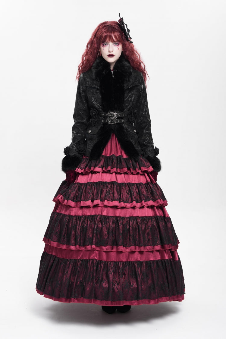 Black Long Sleeves Rose Floral Embroidery Buckle Straps Women's Gothic Coat