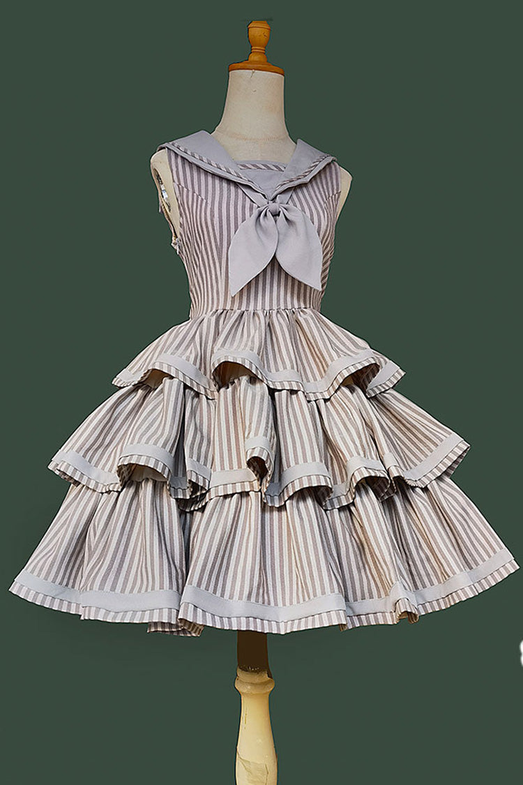 [From Afar] Sleeveless Triple-Layered Stripe Print Bowknot Sweet College Style Lolita Dress 2 Colors