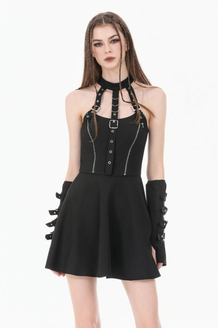 Schwarzes Punk-Neckholder-Kleid mit Schnallen und Reißverschluss für Damen