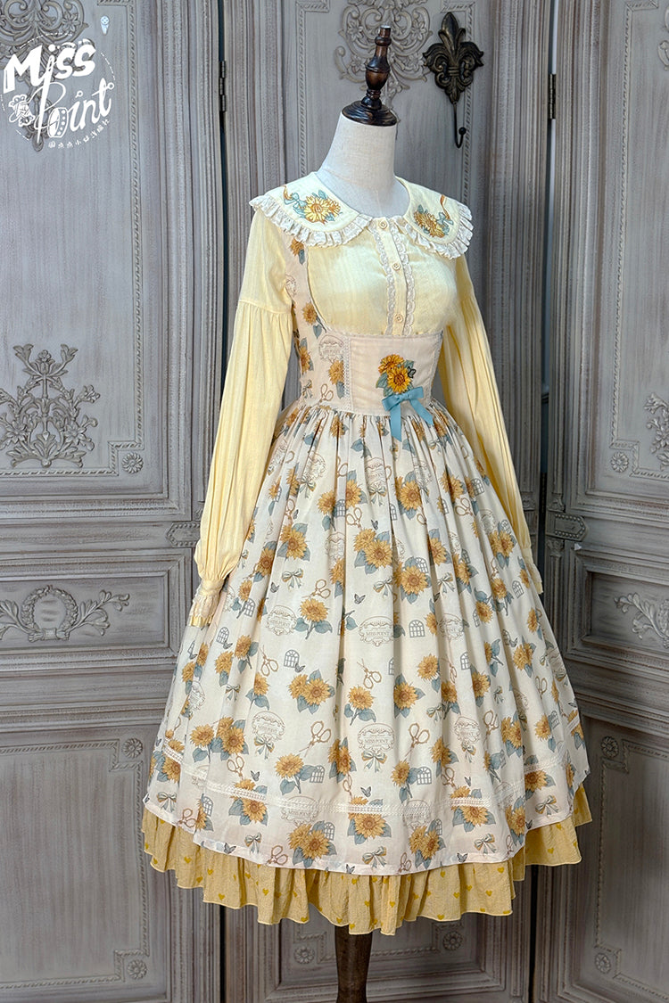 Apricot [Gardening Sunflower] Sleeveless Print Ruffle Bowknot Sweet Elegant Uplift Lolita Jsk Dress