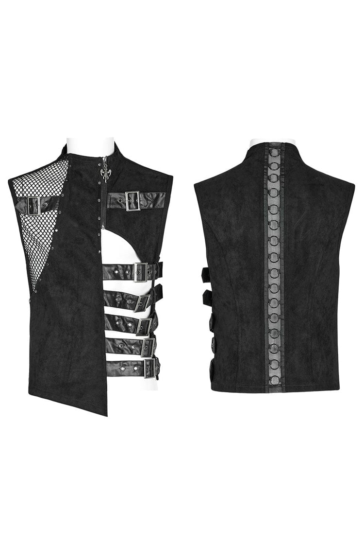 Black Sleeveless Hollow Suede Leather Stitching Irregular Mens Gothic Vest