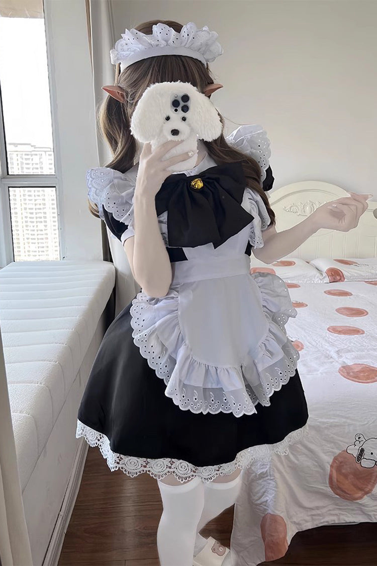Maid Short Sleeves Ruffle Bowknot Sweet Plus Size Lolita Dress Full Set 2 Colors