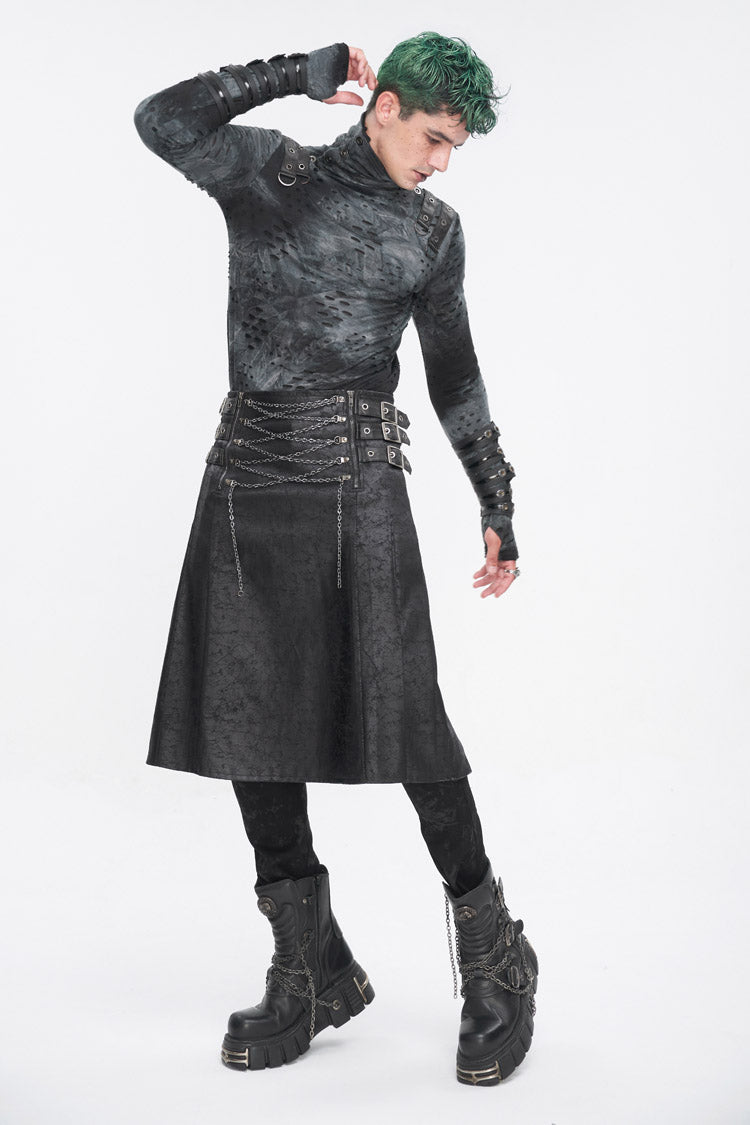 Black Print Chain Multi Buckle Men's Gothic Skirt