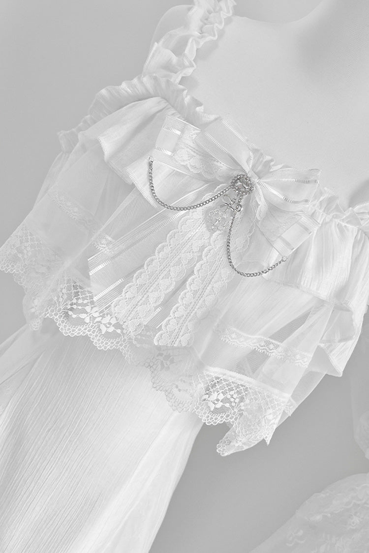White [Pear Moon] Ruffle Bowknot Lace Jirai Kei Japanese Dress