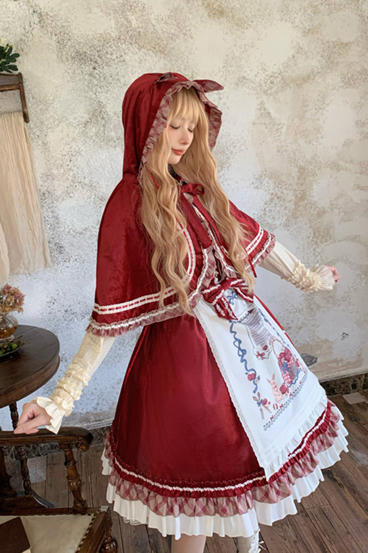 Weinrotes [Rotkäppchen] Süßes Lolita Jsk-Kleid mit Rüschen und Schleife