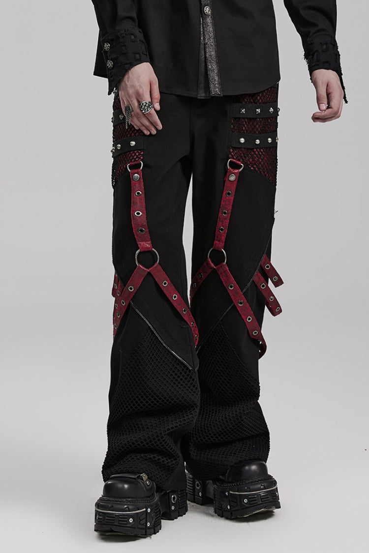 Cracked Leather Stitching Metal Rivet Decoration Mesh Men's Steampunk Pants 2 Colors